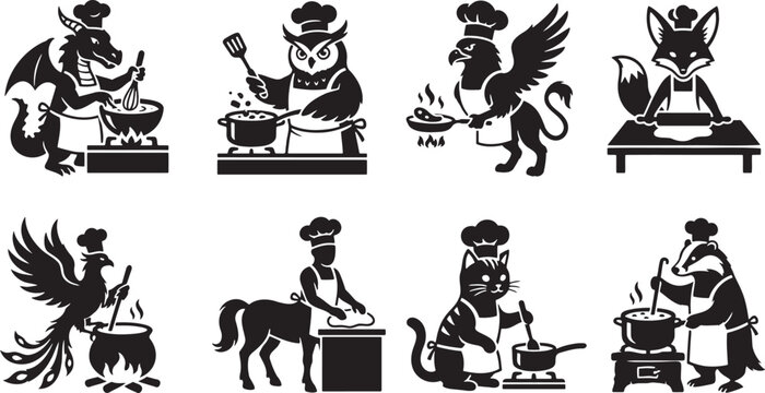 Fantasy creature chefs cooking and baking in kitchen silhouettes