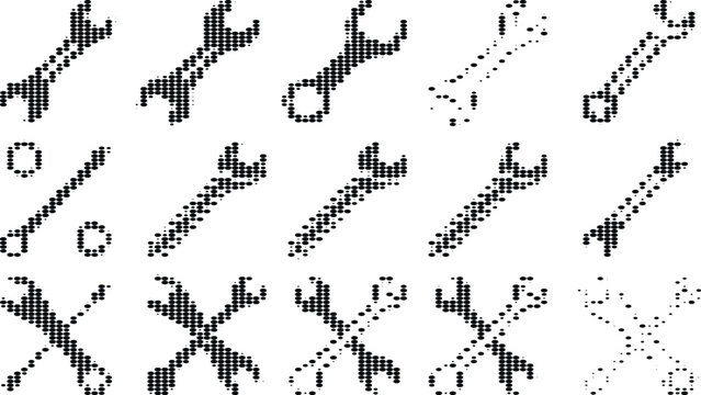 Halftone wrench and spanner tool set icons in black ink dot pattern style for repair and engineering industrial concept.