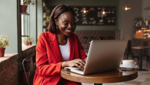 Businesswoman Using Laptop in Coffee Shop with Smiling Face and Sunny Atmosphere