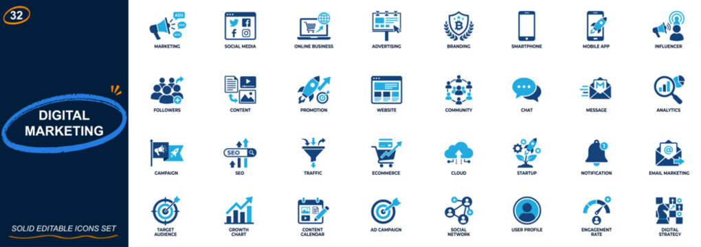 Digital marketing icon set. Social media, online business, smartphone apps, advertising, branding, content creation, influencer growth, community engagement. Editable icons collection. Vector.