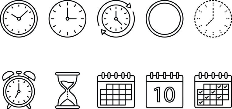 Collection of various time and clock outline icons depicting different measurement methods for tracking schedule.