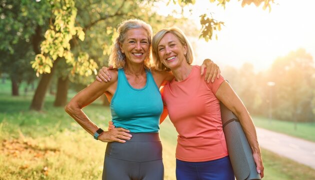 Two cheerful women embracing outdoors in park during golden hour sunlight