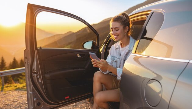 Young woman using smartphone outside car during sunset on mountain road