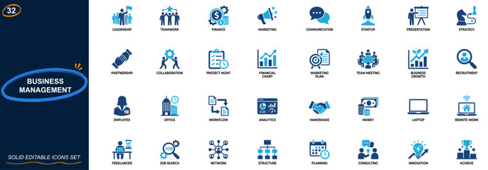 Obraz premium Business management icon set. Leadership, teamwork, finance, marketing, communication, startup, presentation, strategy. Editable icons collection. Vector.