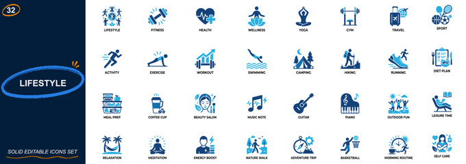 Lifestyle and wellness icon set. health, fitness, yoga, travel, music, outdoor, diet, gym, swimming, camping, coffee, beauty, leisure. Editable icons collection. Vector. © aura studio