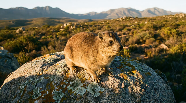 Small brown rock hyrax perched on a weathered boulder under the warm golden evening sunlight