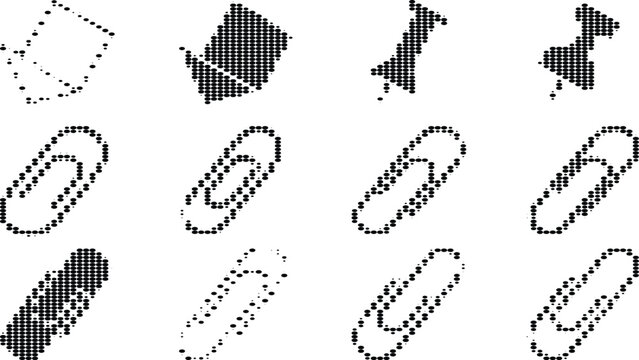 Set of diverse office supplies depicted as dotted outlines on a transparent checkered background for easy use.