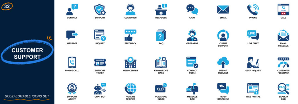 Customer support and contact communication icon set. helpdesk, chat, email, phone, operator, faq, feedback, inquiry. Editable icons collection. Vector.