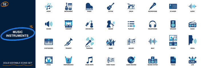 Music instruments icon set. Piano, guitar, drum, microphone, DJ mixer, equalizer, radio, playlist, concert, orchestra, studio audio, singer, performance. Editable icons collection. Vector. © aura studio