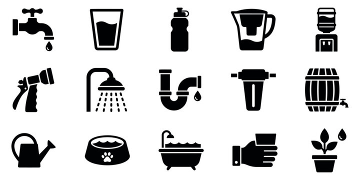 Water hydration icon set editable vector illustration faucets showers bottles and more