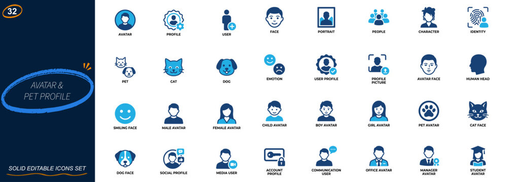 Avatar and pet profile icon set. User profile, people avatar, face portrait, cat dog, identity, social media, character design. Editable icons collection. Vector.