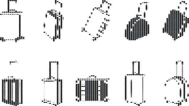 Set of travel luggage and suitcase icons with halftone dot effects for tourism and vacation trip design projects isolated.