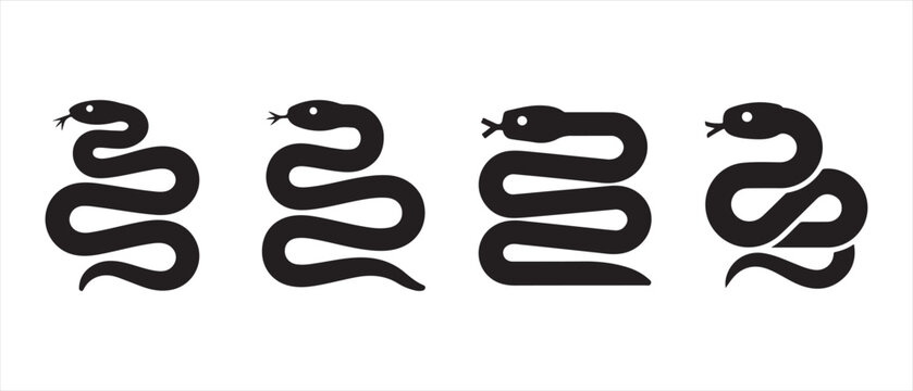 Set of Black Snake Silhouette Icons Isolated on White Background for Graphic Design Projects.