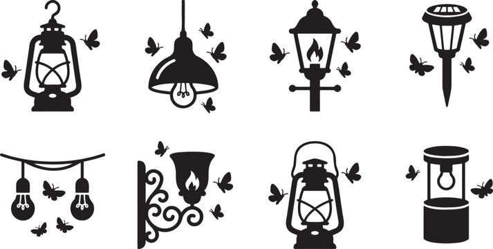 Black silhouette collection of insects and moths flying around glowing lanterns street lamps and light bulbs