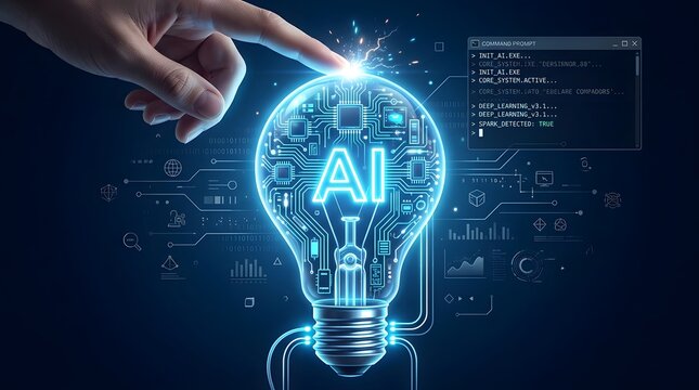 Ai engineering concept human touching light bulb with ai circuitry and code