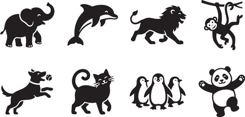 Black silhouette collection of cute cartoon animals including elephant dolphin lion monkey dog cat penguins panda © HM