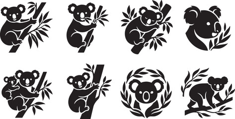 Black silhouette collection of koala bears climbing tree branches with leaves in circular frames and natural scenes © HM