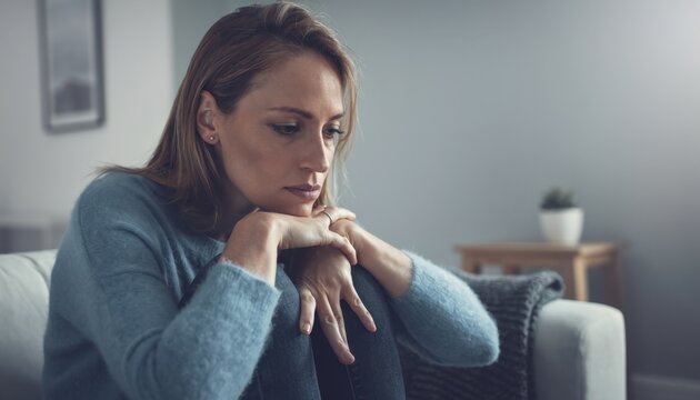 Woman Sitting on Couch with Thoughtful and Worried Expression in Living Room