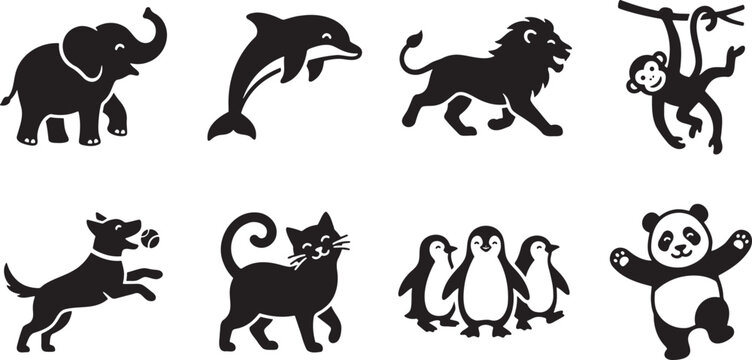 Black silhouette collection of cute cartoon animals including elephant dolphin lion monkey dog cat penguins panda