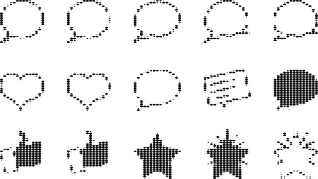 Social media communication icons with speech bubbles and star shapes in stylized halftone dot pattern for digital chat.