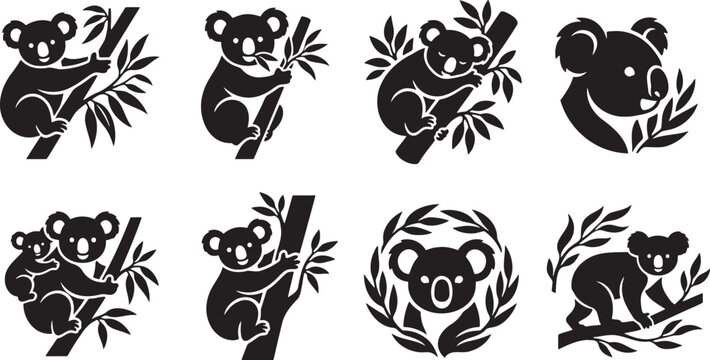 Black silhouette collection of koala bears climbing tree branches with leaves in circular frames and natural scenes