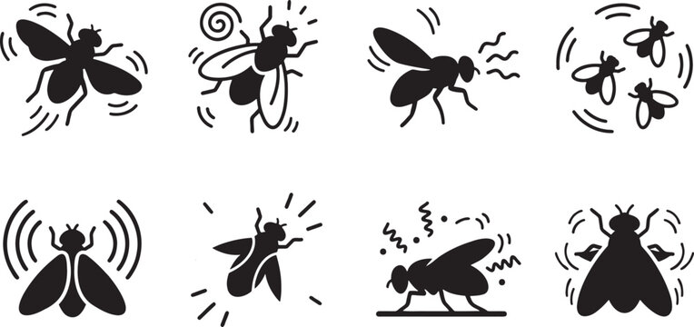 Black silhouette collection of houseflies and buzzing insects flying with motion lines and sound wave effects