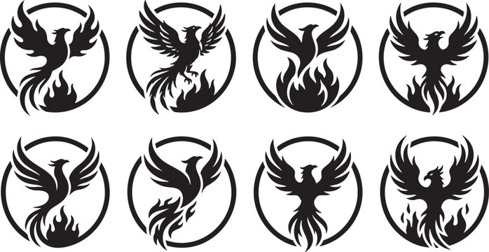 Black silhouette collection of mythical phoenix birds rising from flames and fire inside circular badge icons
