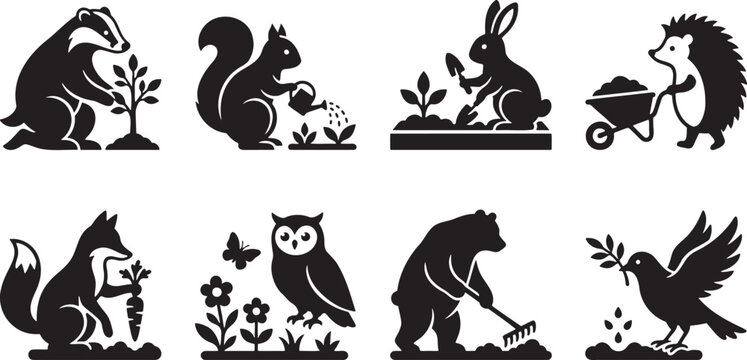 Black silhouette collection of animals gardening and interacting with nature like squirrel watering and rabbit planting