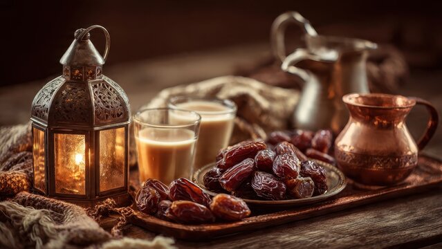 Traditional Ramadan Iftar Still Life with Organic Dried Dates, Milk, Ornate Brass Lantern, and Vintage Copper Pitchers on Rustic Wood for Islamic Culture and Religious Projects.