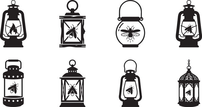 Black silhouette collection of vintage lanterns and glass jars containing trapped fireflies or flying insects