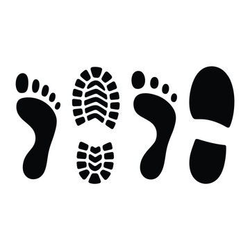 Footprints And Boot Prints Silhouette Collection On White Background