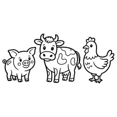 Fototapeta premium Farm animals illustration black and white line drawing on white background