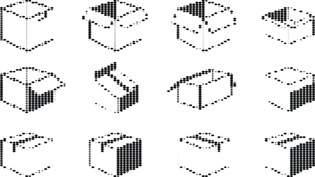 Animation of filling box shapes with black dots, showing progressive fill from outline to solid three dimensional form.