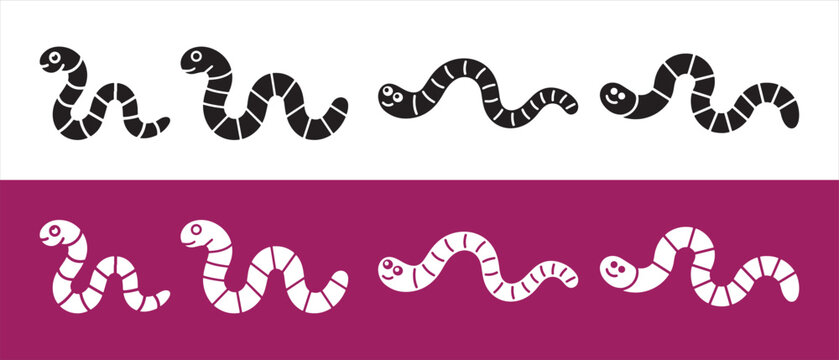 Set of cute earthworm icons in black and white silhouette style for nature and garden design.