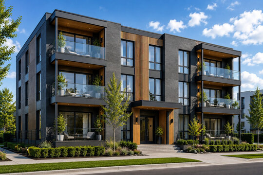 Luxury Apartment Building with Dark Premium Facade, Graphite Stone Cladding and Glass Balconies.Elegant three story luxury apartment building featuring a dark premium facade with graphite porcelain 