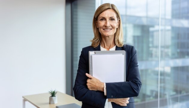 Professional Businesswoman Holding Notepad and Folder in Modern Office