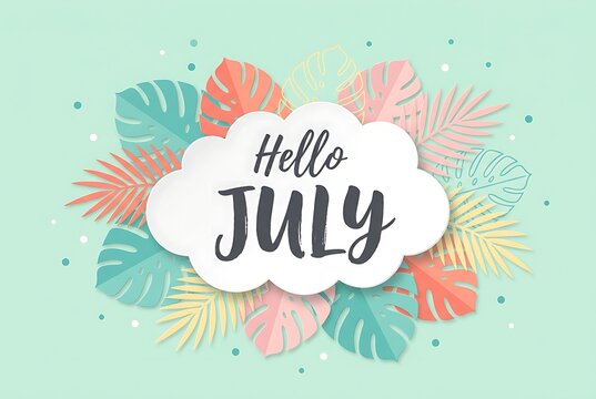 Tropical leaves and confetti border around cloud with hello july text, abstract paper cut design, light green background, perfect for seasonal greetings.