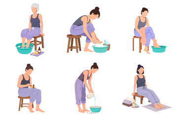 Fototapeta premium Woman Doing Foot Spa and Pedicure at Home Treatment Routine Flat Vector Illustration Set