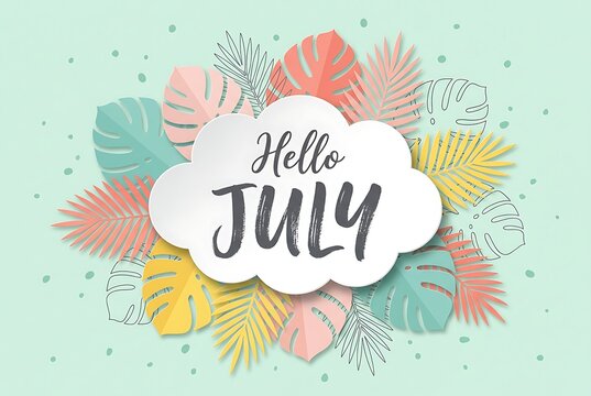 Tropical leaves and confetti border around cloud with hello july text, abstract paper cut design, light green background, perfect for seasonal greetings.