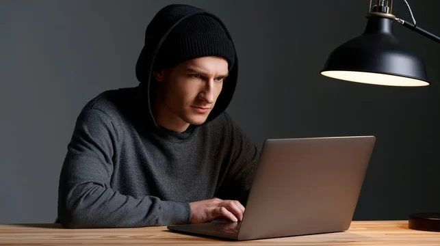 Focused man in hoodie typing on laptop in dimly lit room with desk lamp