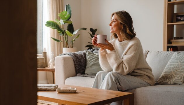 Woman Sitting on Sofa Drinking Coffee in Cozy Living Room