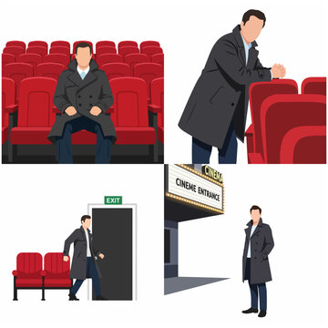 Set of flat vector illustrations featuring a man in a trench coat at a cinema, including sitting in the theater, leaving through the exit, and standing at the entrance.