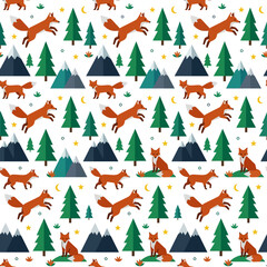 Obraz premium Playful fox pattern with trees and mountains, flat design graphic element
