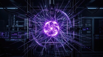 Fototapeta premium Purple energy node with radiating lines in a dark space for professional digital technology and science themes. This high-tech