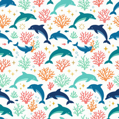 Cartoon style dolphin pattern with coral and starfish on white background © zeinoel