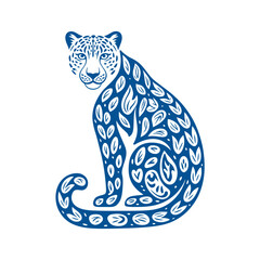 Floral patterned jaguar illustration blue and white background © HABIBULLA
