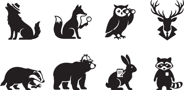 Black silhouette collection of animals dressed as professional detectives with hats magnifying glasses and binoculars