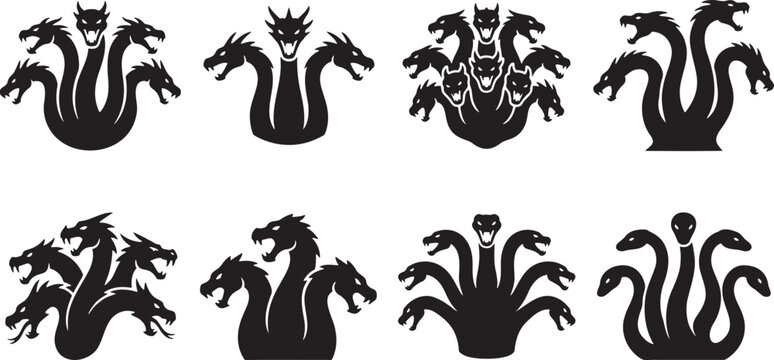 Black silhouette collection of fearsome mythical multi headed hydras and dragons rearing up aggressively