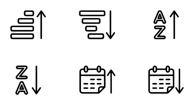 Ascending Descending Sort Order Icons, Alphabetical Order Icons, Calendar Date Icons, Vector Graphics Set