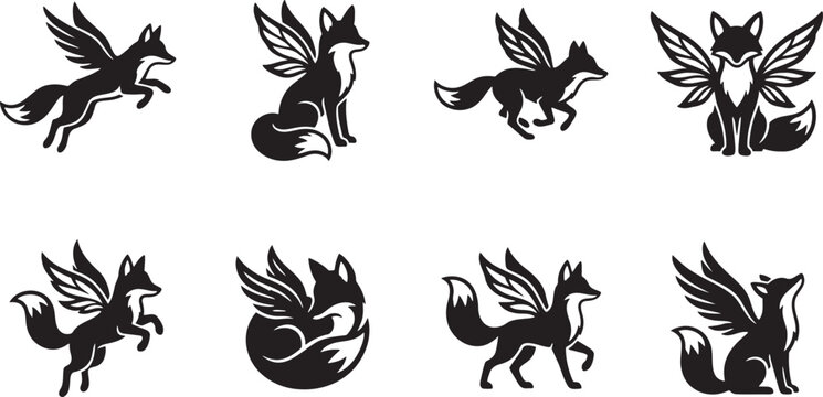 Black silhouette collection of mythical winged foxes or kitsune spirits in elegant flying and sitting poses